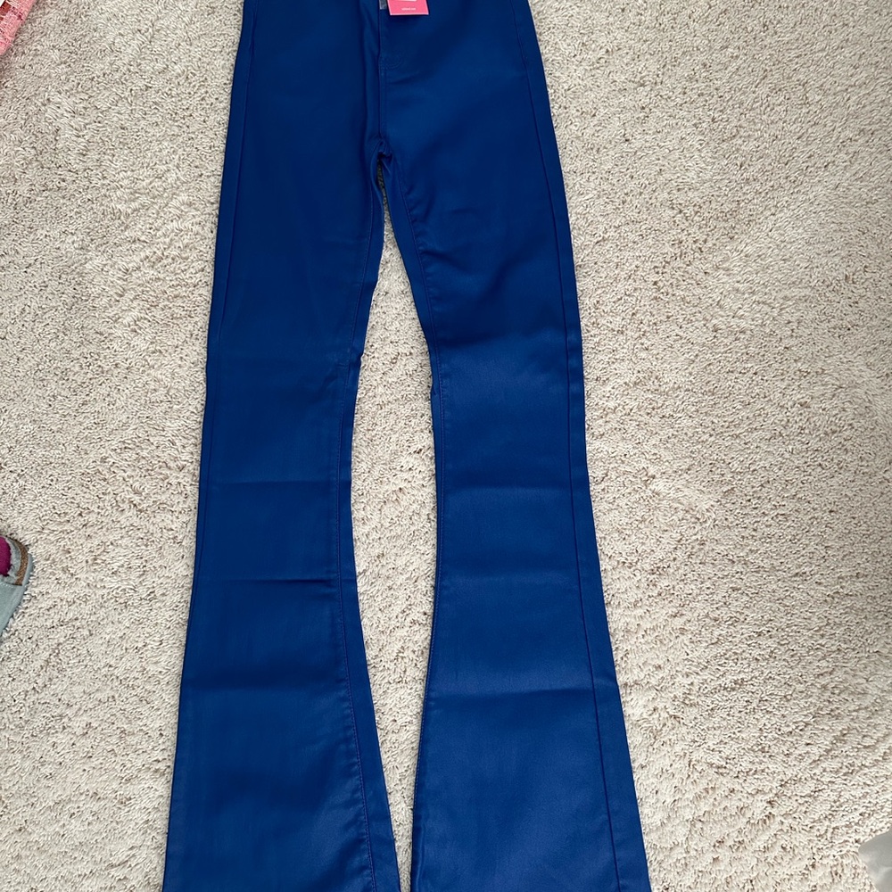 NWT xs faux leather flare royal blue size XS